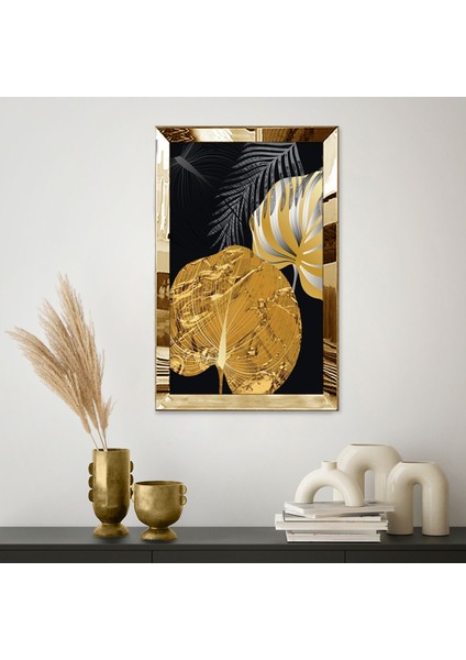 Gold Aynalı Pleksi Çerçeveli Siyah Arka Planlı Altın Renkli Desenli Dekoratif Yapraklar Tablo fiyatları