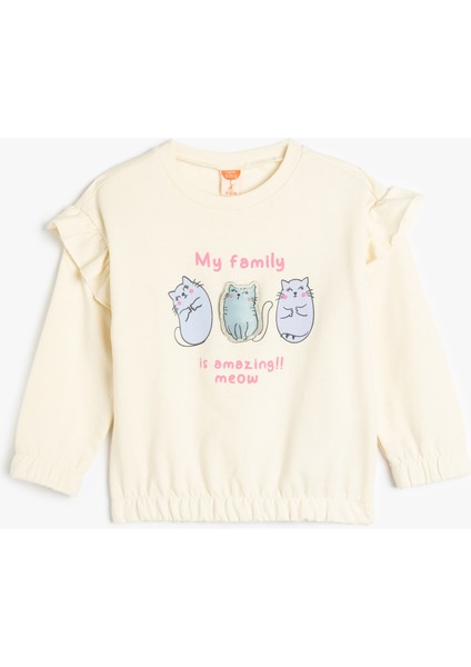 Sweatshirt Uzun Kollu Kedi Baskılı Bisiklet Yaka Fırfır Detaylı Pamuklu Şardonlu