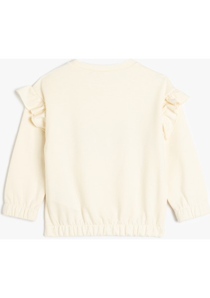 Sweatshirt Uzun Kollu Kedi Baskılı Bisiklet Yaka Fırfır Detaylı Pamuklu Şardonlu