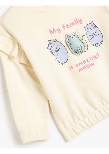 Sweatshirt Uzun Kollu Kedi Baskılı Bisiklet Yaka Fırfır Detaylı Pamuklu Şardonlu