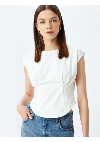 Kolsuz Crop Bisiklet Yaka Dikiş Detaylı Slim Fit T-Shirt