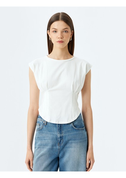 Kolsuz Crop Bisiklet Yaka Dikiş Detaylı Slim Fit T-Shirt