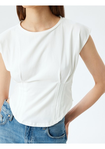 Kolsuz Crop Bisiklet Yaka Dikiş Detaylı Slim Fit T-Shirt