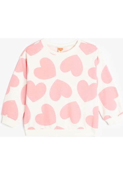 Sweatshirt Uzun Kollu Kalp Baskılı Bisiklet Yaka Pamuklu Şardonlu