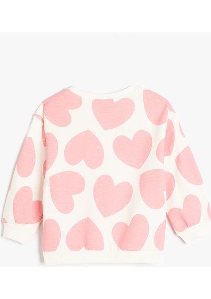 Sweatshirt Uzun Kollu Kalp Baskılı Bisiklet Yaka Pamuklu Şardonlu
