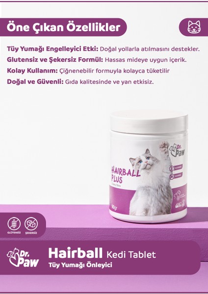 Hairball Plus Kediler için Glütensiz ve Şekersiz Tüy Yumağı Engelleyici Çiğnenebilir Tablet (60 adet, 90 gr)