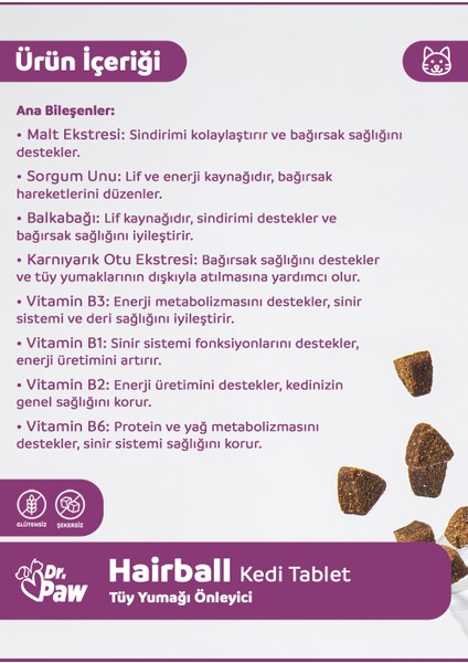 Hairball Plus Kediler için Glütensiz ve Şekersiz Tüy Yumağı Engelleyici Çiğnenebilir Tablet (60 adet, 90 gr)