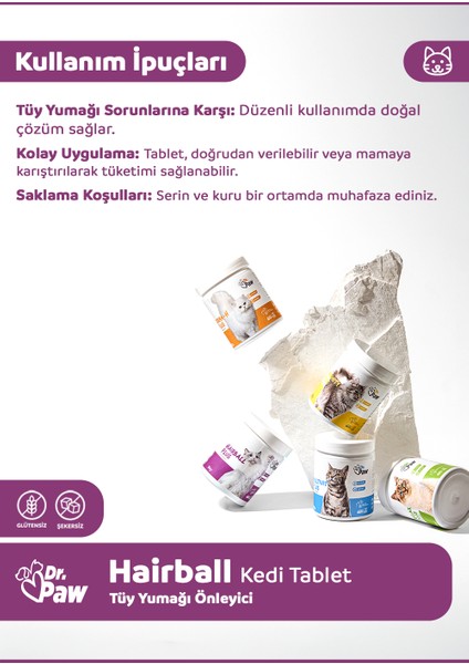 Hairball Plus Kediler için Glütensiz ve Şekersiz Tüy Yumağı Engelleyici Çiğnenebilir Tablet (60 adet, 90 gr)