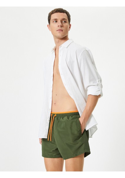 Kısa Deniz Şortu File Astarlı Beli Bağlamalı Cepli Rahat Kalıp