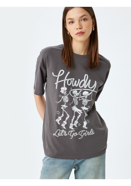 Kuru Kafa Baskılı Bisiklet Yaka Kısa Kollu Rahat Kalıp T-Shirt