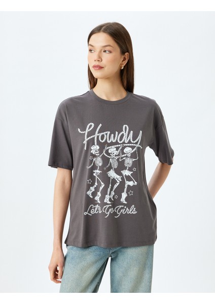 Kuru Kafa Baskılı Bisiklet Yaka Kısa Kollu Rahat Kalıp T-Shirt