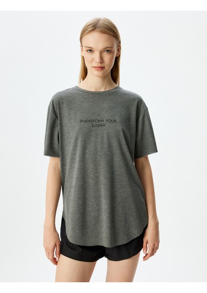 Oversize Kısa Kollu Slogan Baskılı Bisiklet Yaka Spor T-Shirt