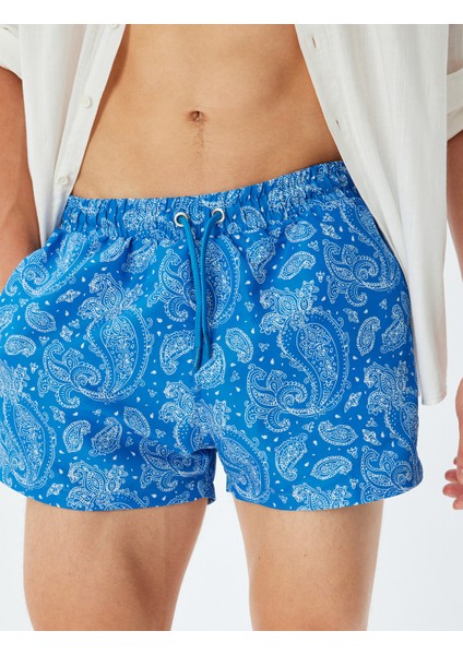 Deniz Şortu Oversize Etnik Baskılı Kısa Beli Bağcıklı