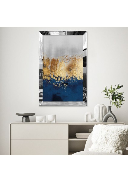 Gold Aynalı Pleksi Çerçeveli Mavi Altın ve Gri Renkli Dokulu Soyut Tasarım Tablo
