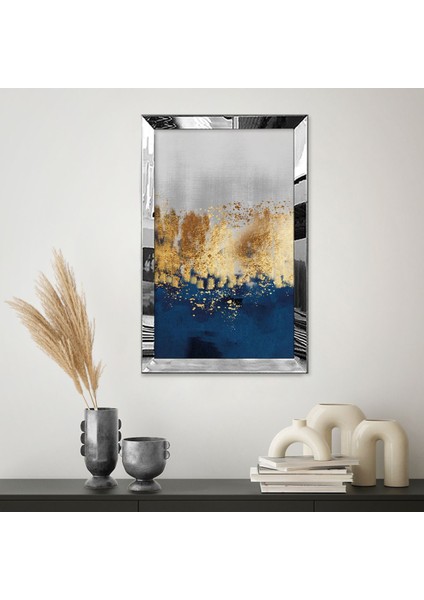 Gold Aynalı Pleksi Çerçeveli Mavi Altın ve Gri Renkli Dokulu Soyut Tasarım Tablo fiyatları