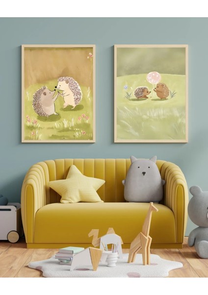 Çerçeveli, 'kirpi' Çocuk Odası 2li Dekoratif Tablo, Modern Pinterest Tarzı Çerçeveli Poster
