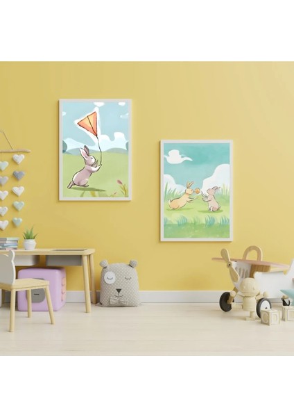 Çerçeveli, 'tavşan' Çocuk Odası 2li Dekoratif Tablo, Modern Pinterest Tarzı Çerçeveli Poster