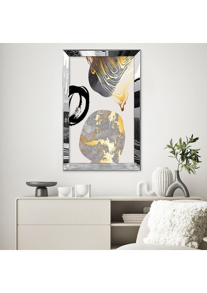 Gümüş Aynalı Pleksi Çerçeveli Bej Arka Planlı Altın Desenli Gri Şekiller Tablo