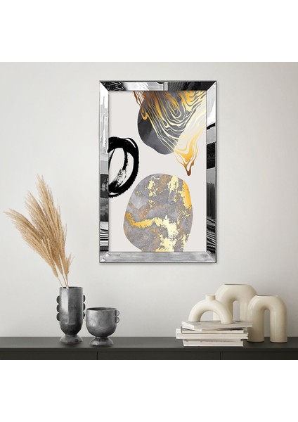 Gümüş Aynalı Pleksi Çerçeveli Bej Arka Planlı Altın Desenli Gri Şekiller Tablo fiyatları