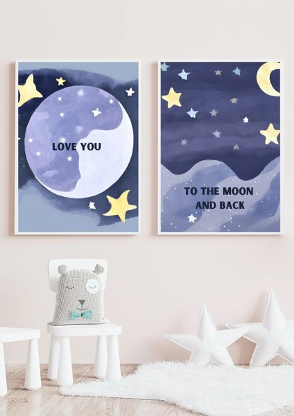 Çerçeveli, 'moon And Back' Çocuk Odası 2li Dekoratif Tablo, Modern Pinterest Tarzı Çerçeveli Poster