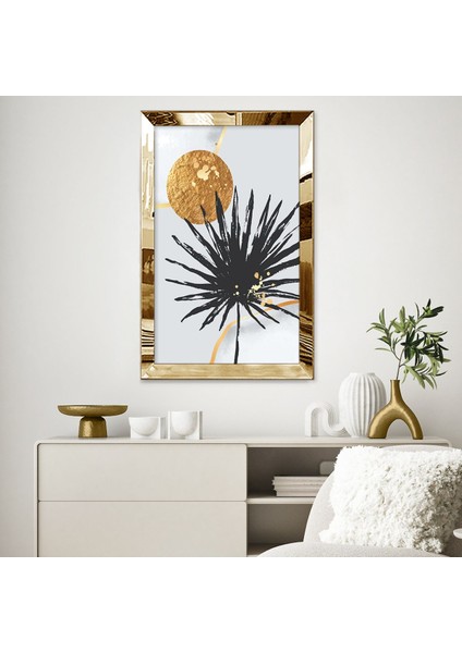 Gold Aynalı Pleksi Çerçeveli Dekoratif Gri Arka Planlı Altın Renkli Güneş ve Siyah Çiçek Tablo