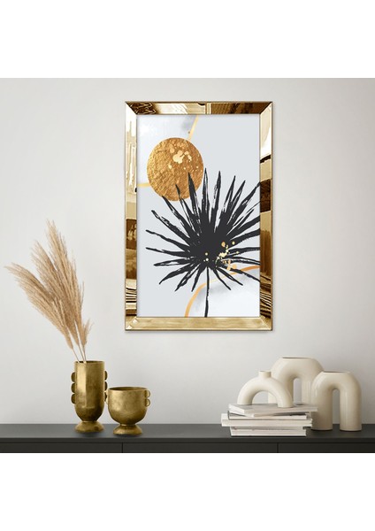 Gold Aynalı Pleksi Çerçeveli Dekoratif Gri Arka Planlı Altın Renkli Güneş ve Siyah Çiçek Tablo fiyatları
