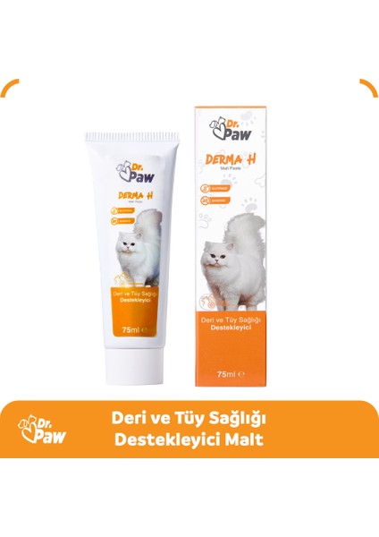 Derma H Malt Paste - Kediler için Tüy Dökülmesini Azaltan Glütensiz ve Şekersiz Deri ve Tüy Sağlığı Destekleyici 75 ml