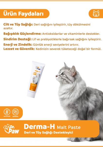 Derma H Malt Paste - Kediler için Tüy Dökülmesini Azaltan Glütensiz ve Şekersiz Deri ve Tüy Sağlığı Destekleyici 75 ml