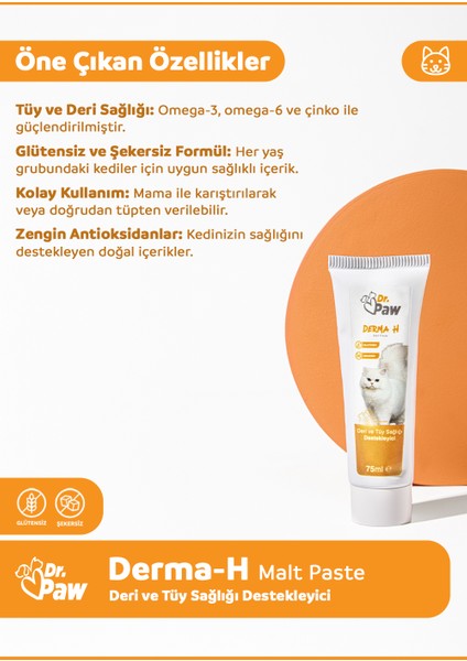 Derma H Malt Paste - Kediler için Tüy Dökülmesini Azaltan Glütensiz ve Şekersiz Deri ve Tüy Sağlığı Destekleyici 75 ml