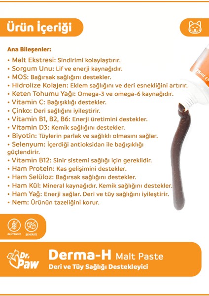 Derma H Malt Paste - Kediler için Tüy Dökülmesini Azaltan Glütensiz ve Şekersiz Deri ve Tüy Sağlığı Destekleyici 75 ml