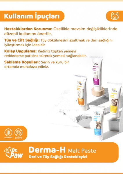 Derma H Malt Paste - Kediler için Tüy Dökülmesini Azaltan Glütensiz ve Şekersiz Deri ve Tüy Sağlığı Destekleyici 75 ml