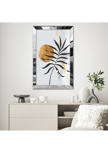 Gümüş Aynalı Pleksi Çerçeveli Gri Arka Planlı Altın Renkli Güneş ve Siyah Yaprak Tablo