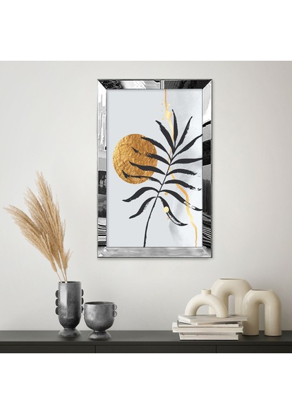 Gümüş Aynalı Pleksi Çerçeveli Gri Arka Planlı Altın Renkli Güneş ve Siyah Yaprak Tablo fiyatları