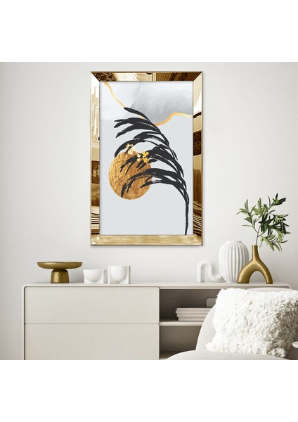 Gümüş Aynalı Pleksi Çerçeveli Gri Arka Planlı Altın Güneş Detaylı Siyah Tüy Tablo