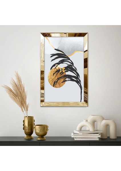 Gümüş Aynalı Pleksi Çerçeveli Gri Arka Planlı Altın Güneş Detaylı Siyah Tüy Tablo fiyatları