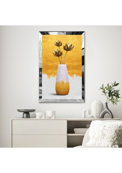 Gold Aynalı Pleksi Çerçeveli Minimal Tarzda Altın Çiçekli Vazo Tablo