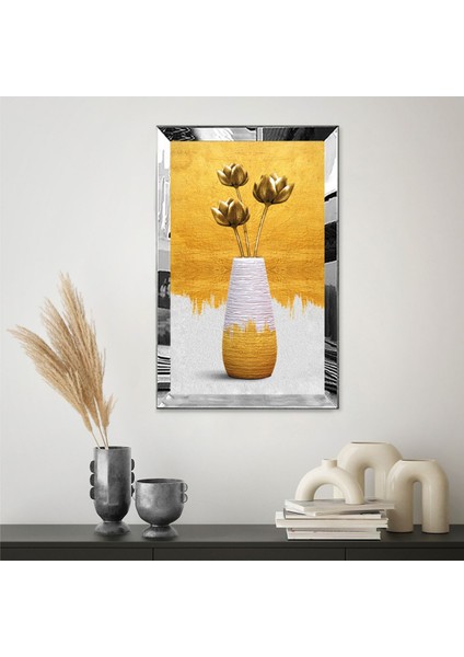 Gold Aynalı Pleksi Çerçeveli Minimal Tarzda Altın Çiçekli Vazo Tablo fiyatları