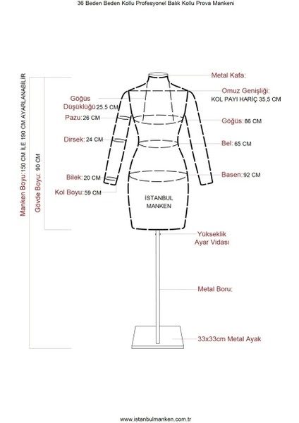 36 Beden Profesyonel Balık Kollu Prova Mankeni Terzi Mankeni