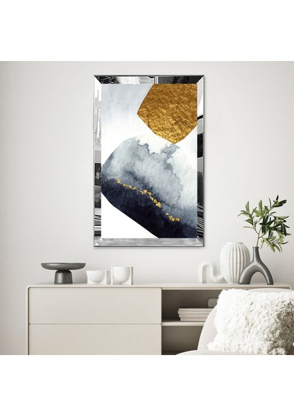 Gold Aynalı Pleksi Çerçeveli Açık Renk Arka Planlı Lacivert ve Altın Soyut Şekiller Tablo