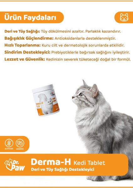 Derma H Plus Kediler için Glütensiz ve Şekersiz Deri ve Tüy Sağlığı Destekleyici Çiğnenebilir Tablet (60 adet, 90 gr)