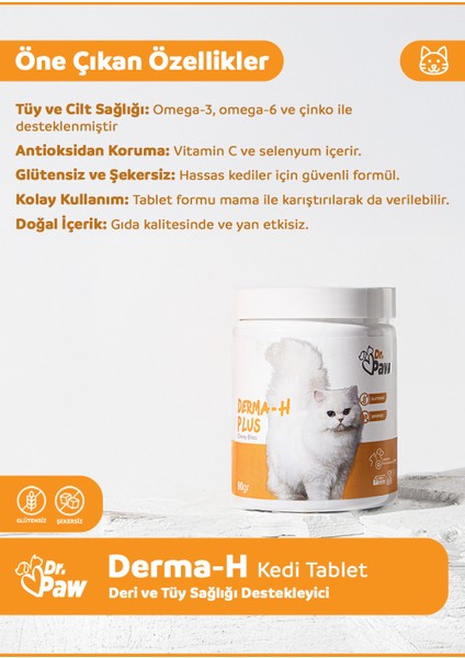 Derma H Plus Kediler için Glütensiz ve Şekersiz Deri ve Tüy Sağlığı Destekleyici Çiğnenebilir Tablet (60 adet, 90 gr)