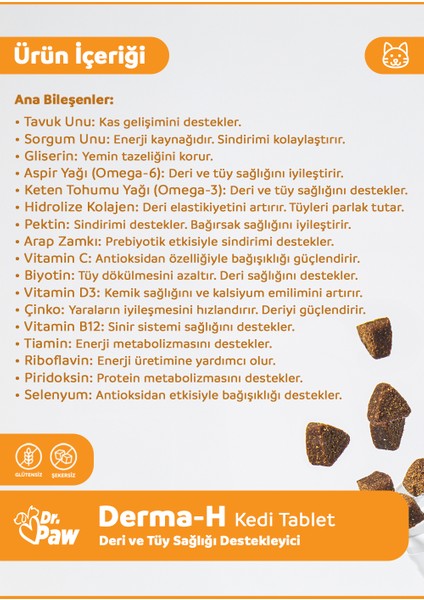 Derma H Plus Kediler için Glütensiz ve Şekersiz Deri ve Tüy Sağlığı Destekleyici Çiğnenebilir Tablet (60 adet, 90 gr)