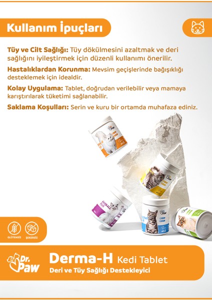 Derma H Plus Kediler için Glütensiz ve Şekersiz Deri ve Tüy Sağlığı Destekleyici Çiğnenebilir Tablet (60 adet, 90 gr)