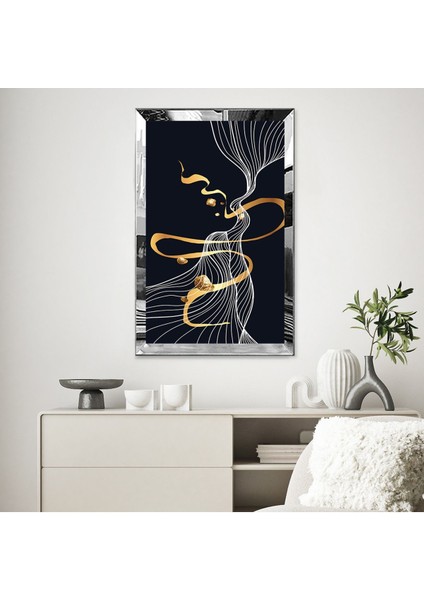 Gümüş Aynalı Pleksi Çerçeveli Çizgi Tarzında Lacivert ve Altın Renkli Tasarım Tablo