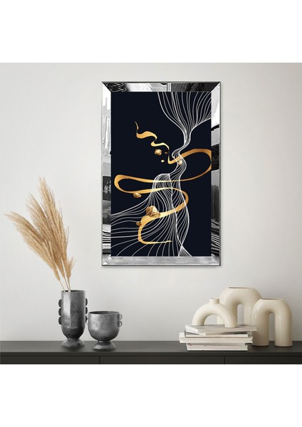 Gümüş Aynalı Pleksi Çerçeveli Çizgi Tarzında Lacivert ve Altın Renkli Tasarım Tablo fiyatları