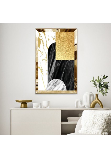 Gümüş Aynalı Pleksi Çerçeveli Mermer Desenli Siyah ve Altın Renkli Geometrik Şekiller Tablo