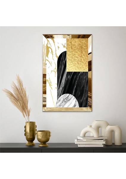 Gümüş Aynalı Pleksi Çerçeveli Mermer Desenli Siyah ve Altın Renkli Geometrik Şekiller Tablo fiyatları