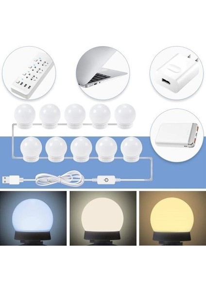 ® Nostalji Hollywood Tarzı 10lu Makyaj Masası Aynası Beyaz Led Işıklı Lamba USB indirimleri