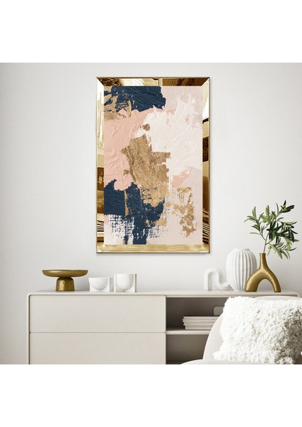 Gold Aynalı Pleksi Çerçeveli Mavi Pembe ve Altın Renkli Yağlı Boya Tarzında Soyut Tasarım Tablo