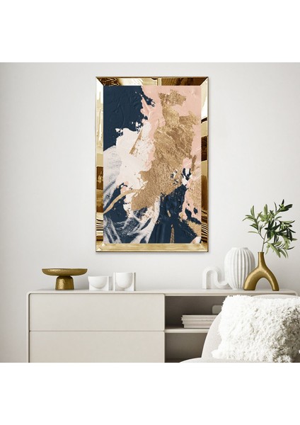 Gold Aynalı Pleksi Çerçeveli Mavi ve Pembe Renkli Modern Soyut Tasarım Tablo